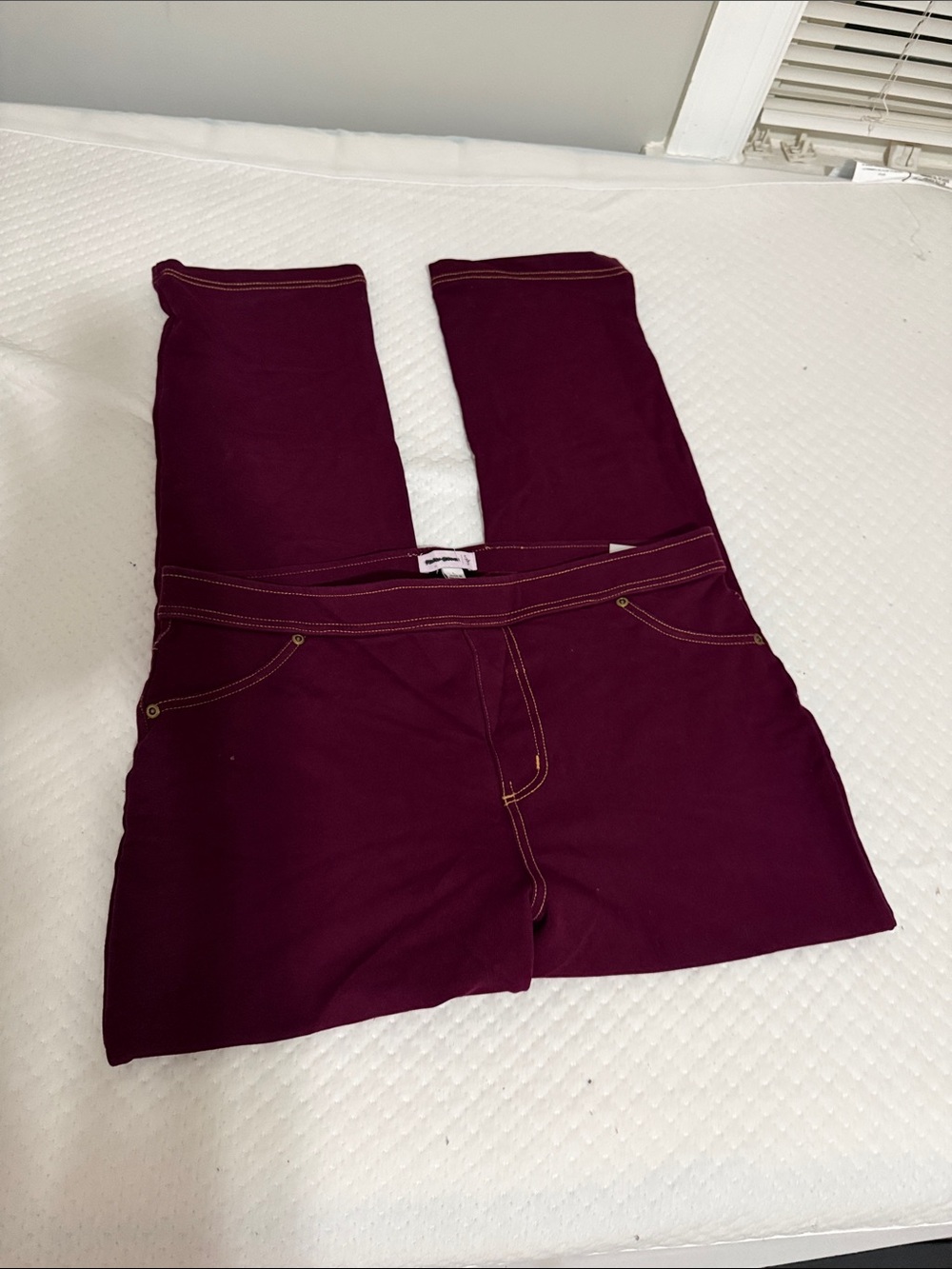 Susan Graver Ponte Leggings in Burgundy with Contrast Topstitch